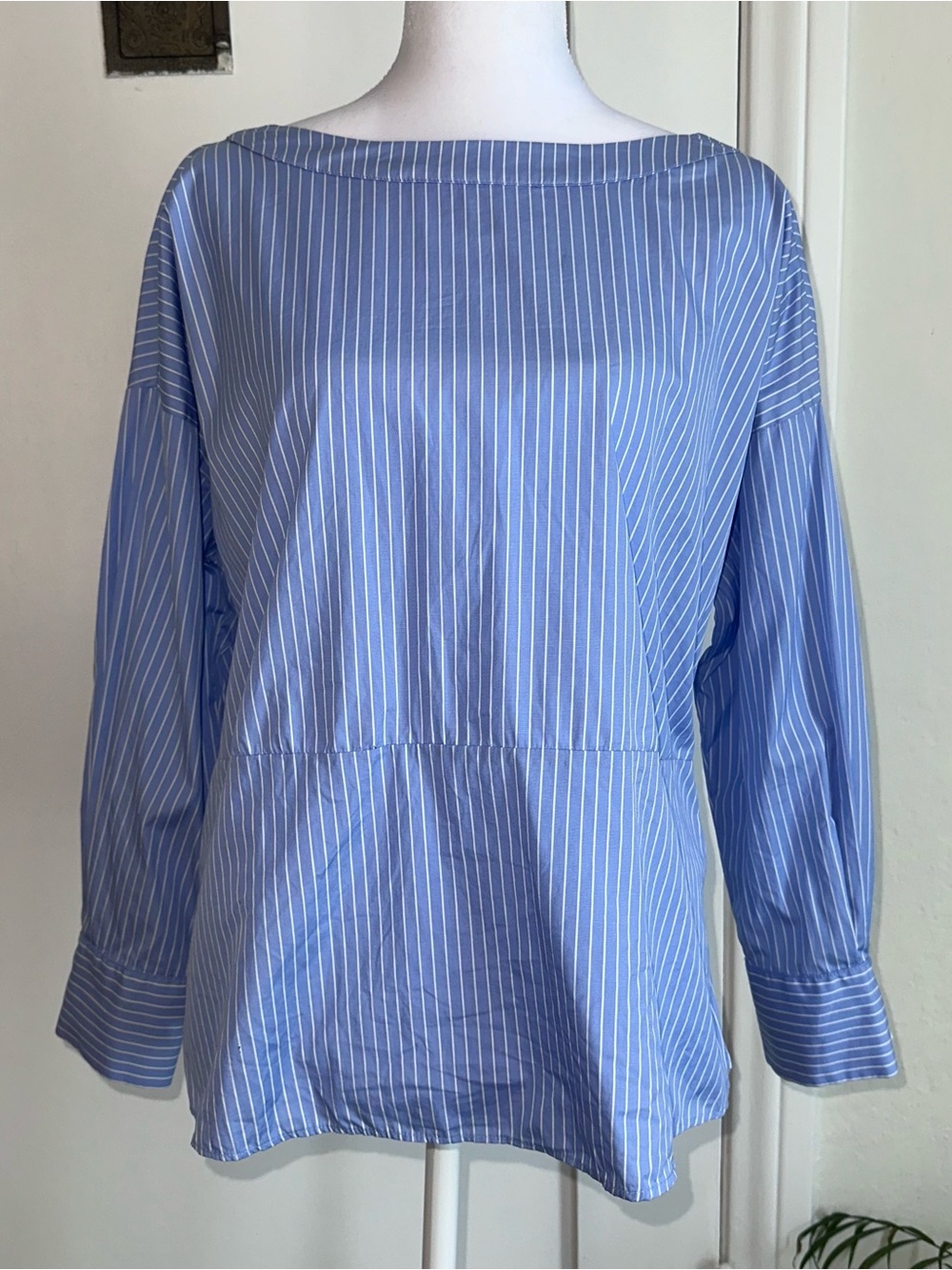 Harshman for Anthropologie Button-Back Blouse Blue & White Striped Small Petite